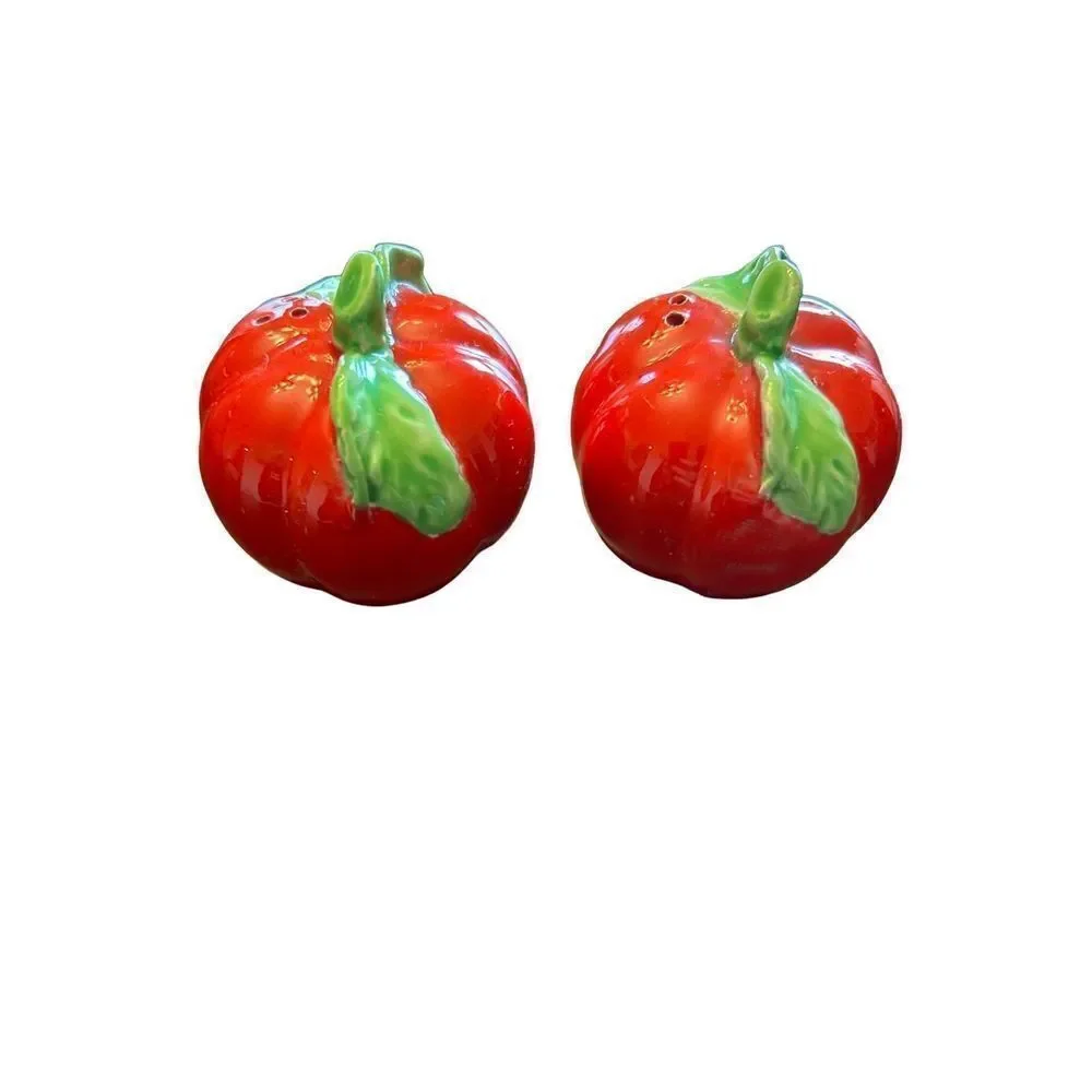 Vintage ceramic red apple salt pepper shakers EUC needs stoppers EH